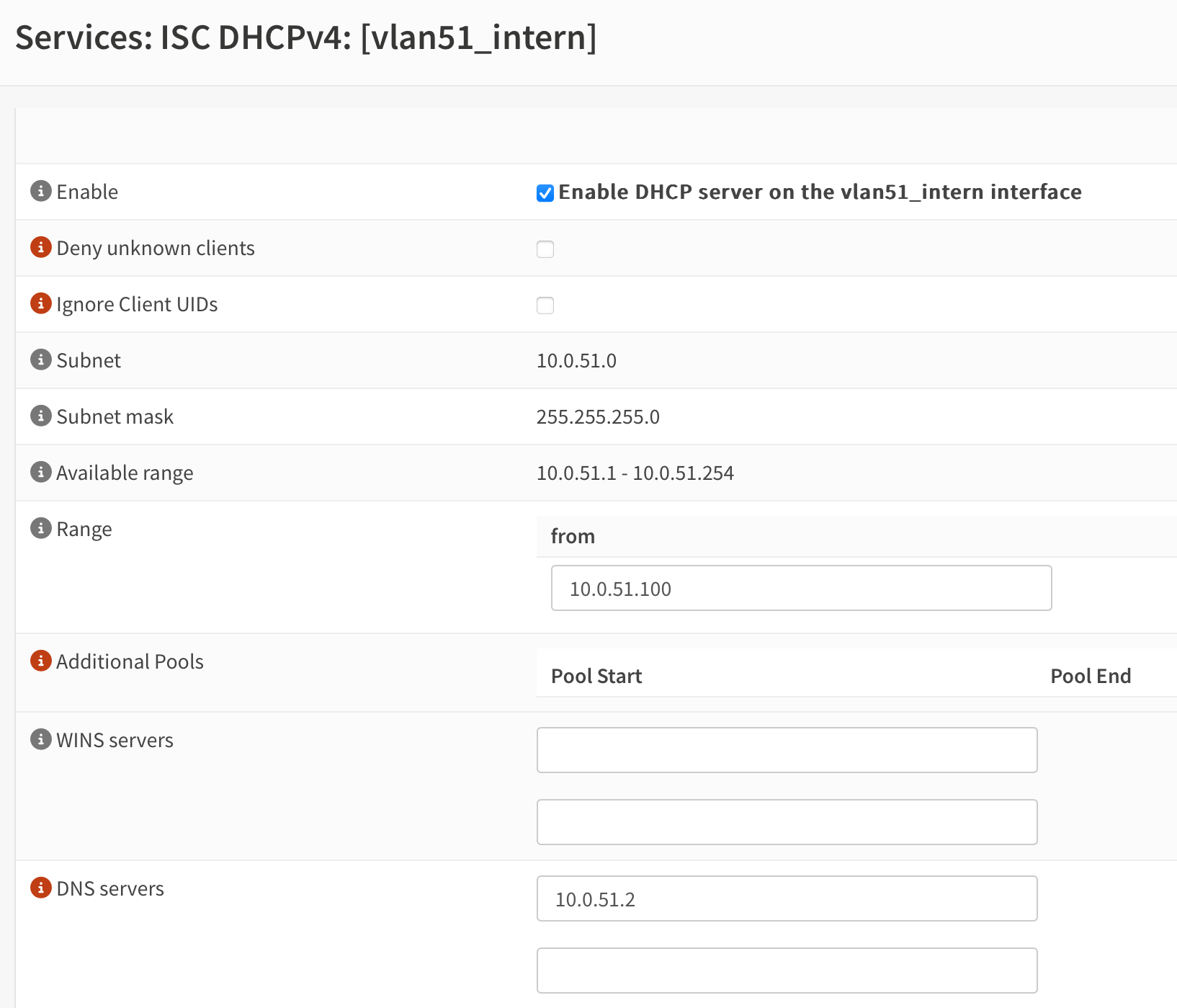 Screenshot of OPNsense DHCPv4 Settings